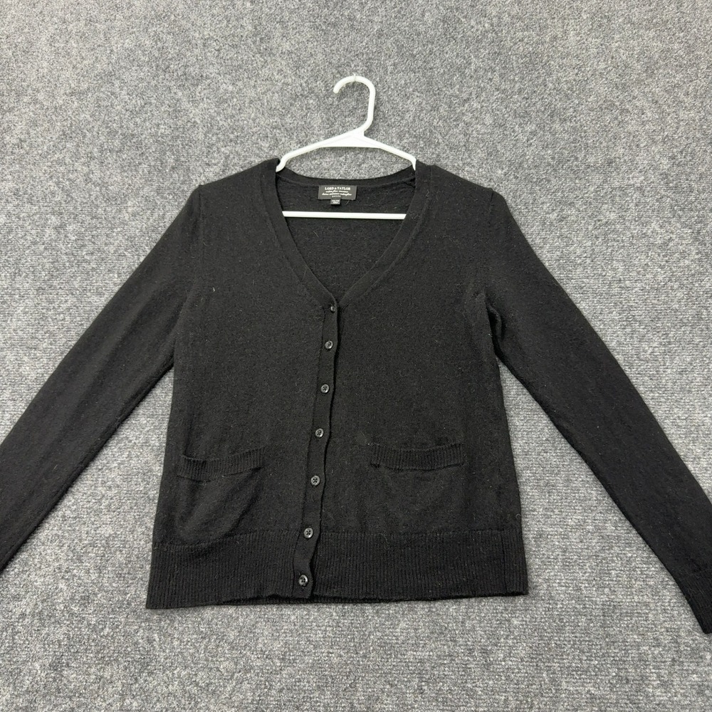 Lord & Taylor Cardigan Womens PM Black Merino Wool V Neck Pockets Classic Office
